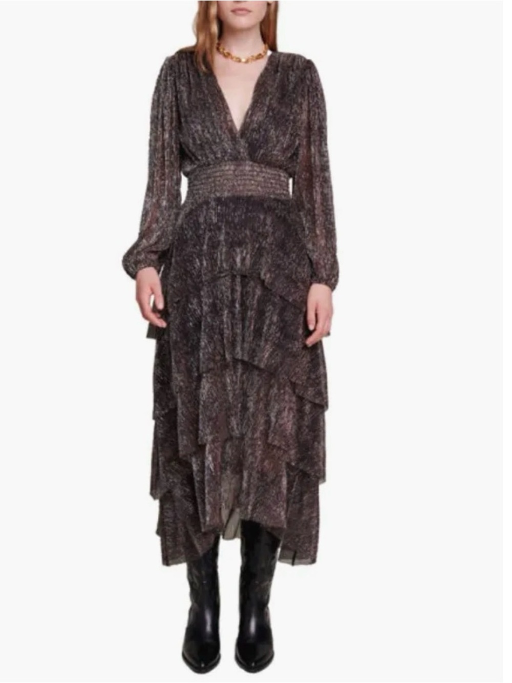 maje Ruffinity Metallic Long Sleeve Tiered Purple Maxi Dress, never worn